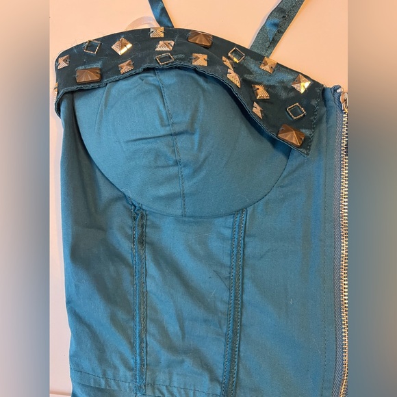 NWT Lydia Blue Bustier Corset Ribbed Peplum Jewel Embellished Top SzS - Picture 6 of 9